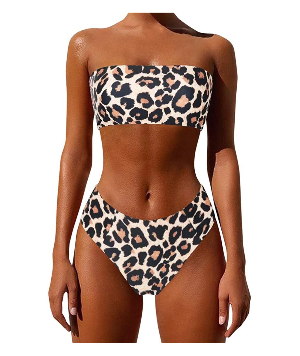 Sets Women's Bandeau Bikini High Waist Swimsuit 2 Pieces Strapless Swimwear - Leopard-1 - C618O86LD4Y $47.08