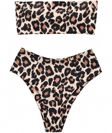 Sets Women's Bandeau Bikini High Waist Swimsuit 2 Pieces Strapless Swimwear - Leopard-1 - C618O86LD4Y $47.08