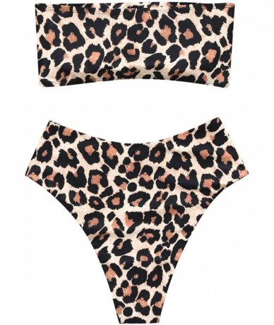 Sets Women's Bandeau Bikini High Waist Swimsuit 2 Pieces Strapless Swimwear - Leopard-1 - C618O86LD4Y $47.08