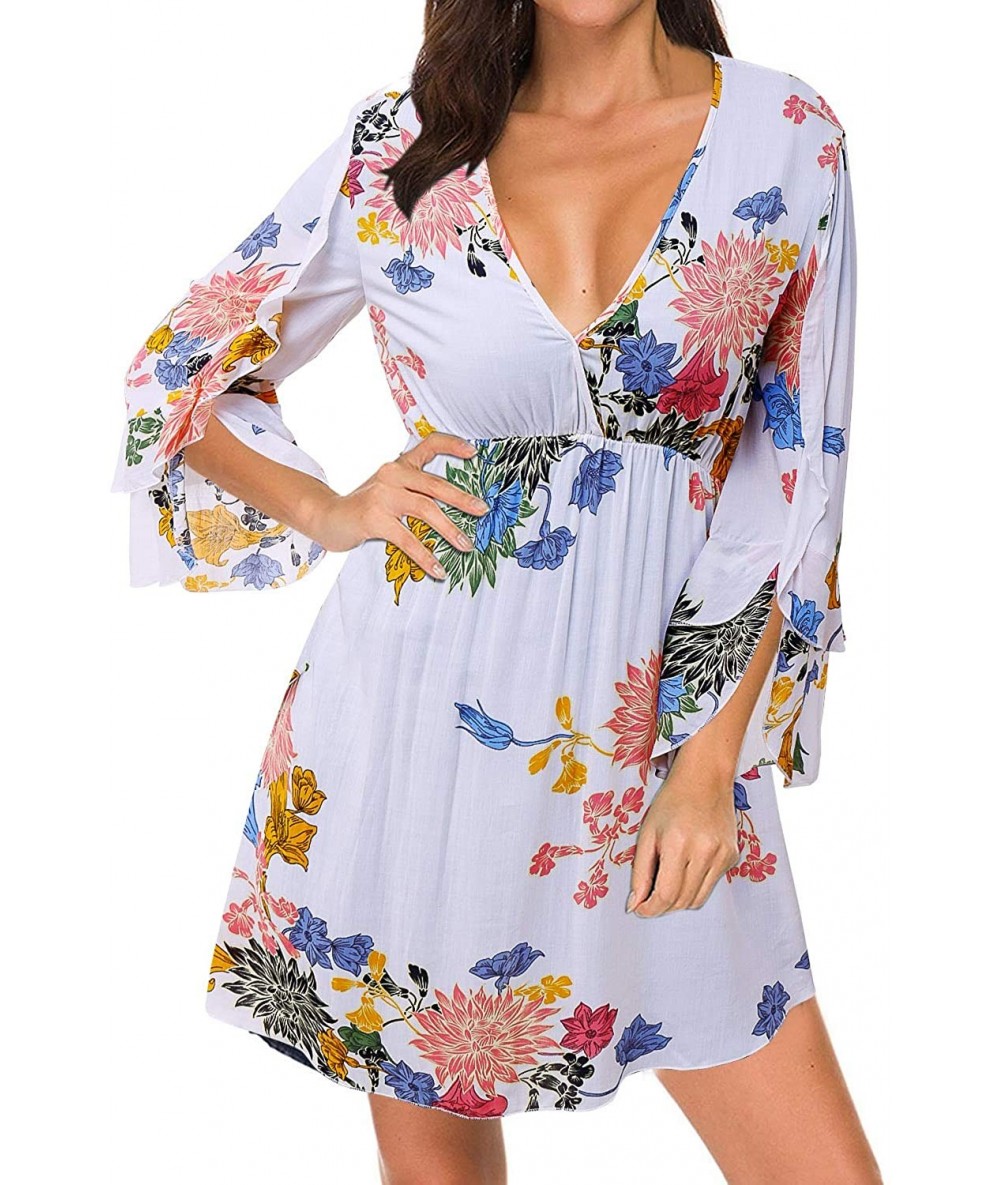 Cover-Ups Women's Off Shoulder Boho Floral Summer Casual 3/4 Flare Sleeves Above Knee Beach Party Mini Sundress with Belt Whi...