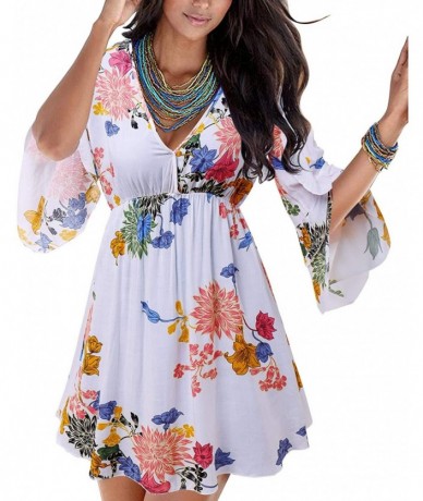 Cover-Ups Women's Off Shoulder Boho Floral Summer Casual 3/4 Flare Sleeves Above Knee Beach Party Mini Sundress with Belt Whi...