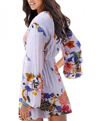 Cover-Ups Women's Off Shoulder Boho Floral Summer Casual 3/4 Flare Sleeves Above Knee Beach Party Mini Sundress with Belt Whi...