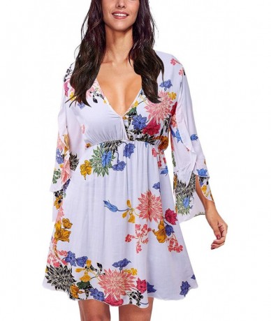 Cover-Ups Women's Off Shoulder Boho Floral Summer Casual 3/4 Flare Sleeves Above Knee Beach Party Mini Sundress with Belt Whi...