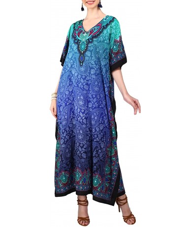 Cover-Ups Kaftan Tunic One Size Cover Up Maxi Dresses Lougewear Embellished Kimono (103-Blue- One Size) - C212MA7K5K0 $36.46