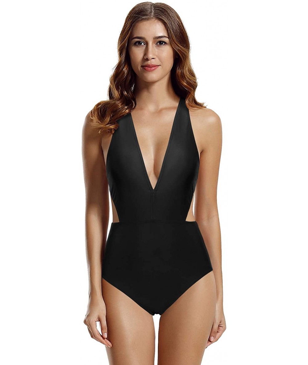 One-Pieces Women's High Waisted Deep Plunge One Piece Swimsuit Monokini - Black - C618S9K2T5S $45.72