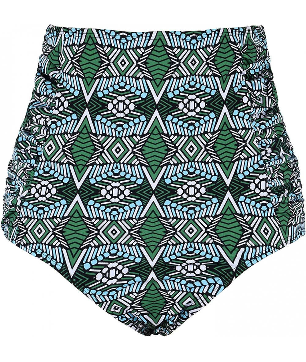 Tankinis Women's Vintage High Waisted Bikini Bottom Shirred Tankini Briefs - Green Geometric Pattern - CK183648MDU $26.56