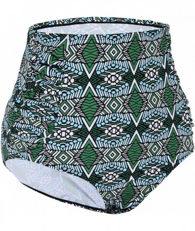 Tankinis Women's Vintage High Waisted Bikini Bottom Shirred Tankini Briefs - Green Geometric Pattern - CK183648MDU $26.56