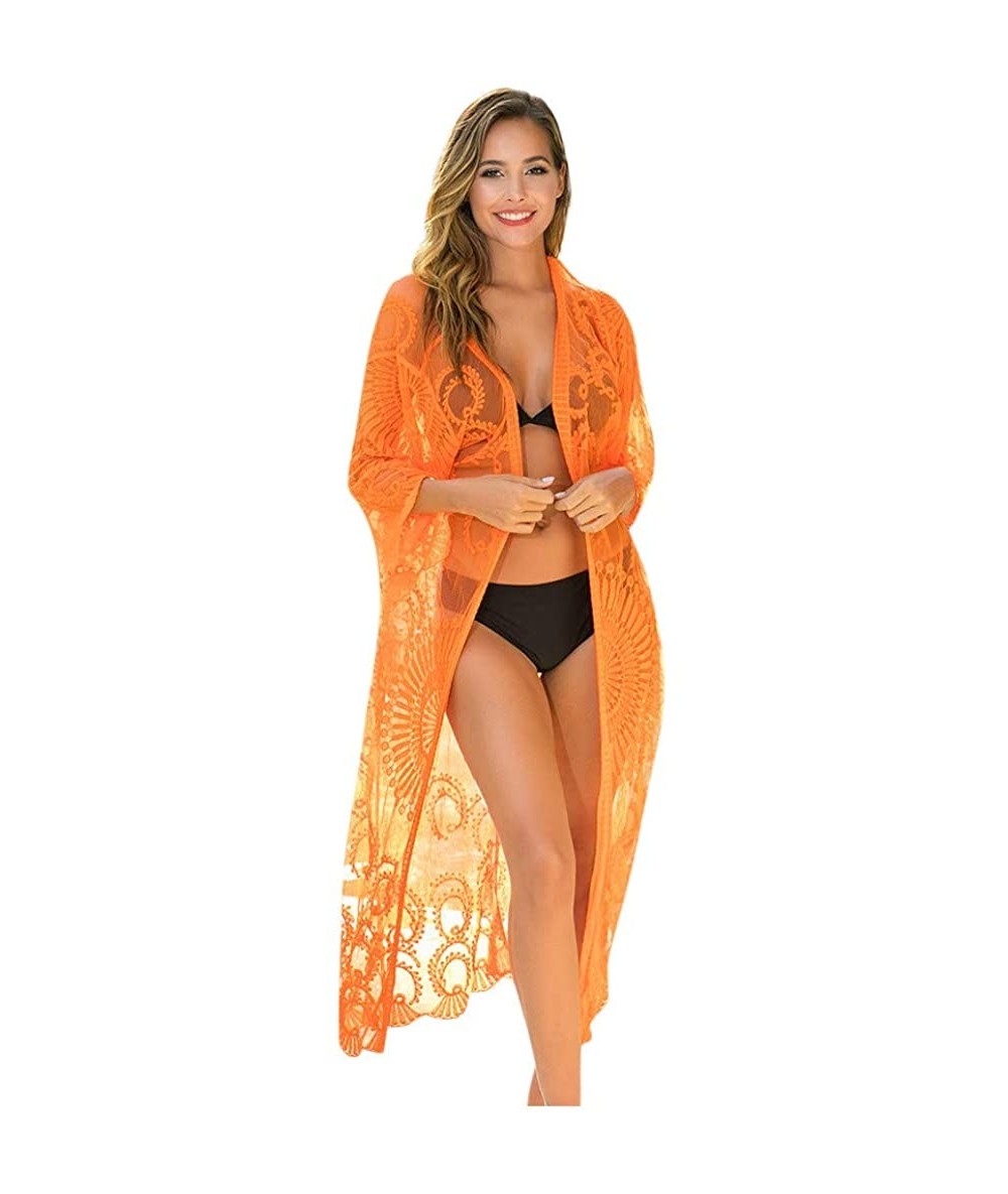 Cover-Ups Women Long Casual Cardigan Cover Up Summer Casual Sheer Mesh Embroidered Open Front Beachwear Bathing Suit Orange -...