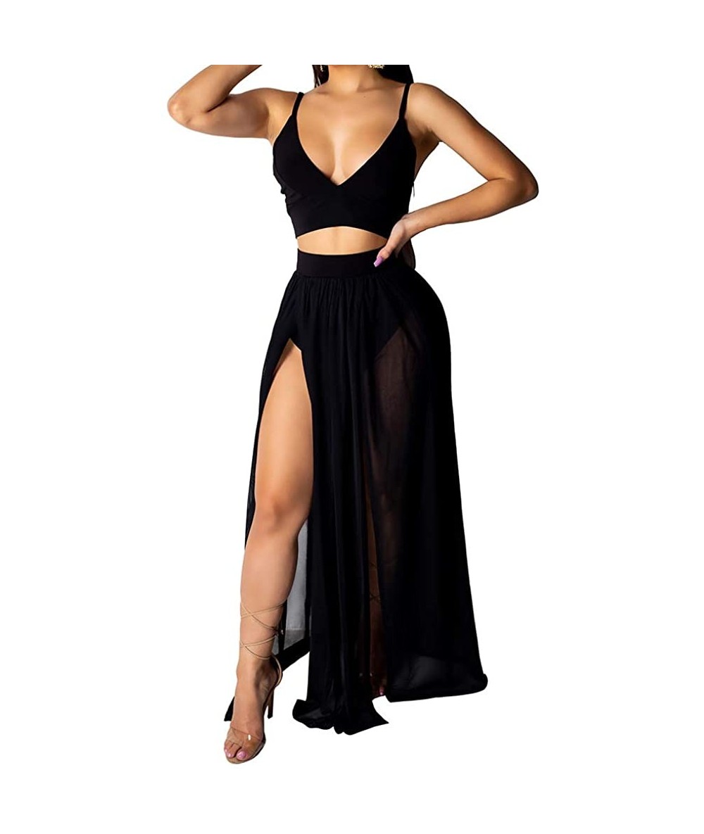 Cover-Ups Women's 2 Piece Crop Top High Slit Maxi Skirt Set Sheer Chiffon Dress Bikini Cover up Beachwear - Black - CE18TL9WU...