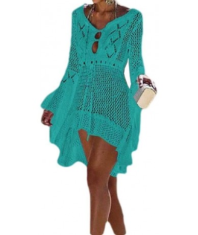 Cover-Ups Womens Knitting Hollow UPF50+ Loose Solid Flare Sleeve Beach Cover Up Dress - 2 - C1199EWZNKU $56.57