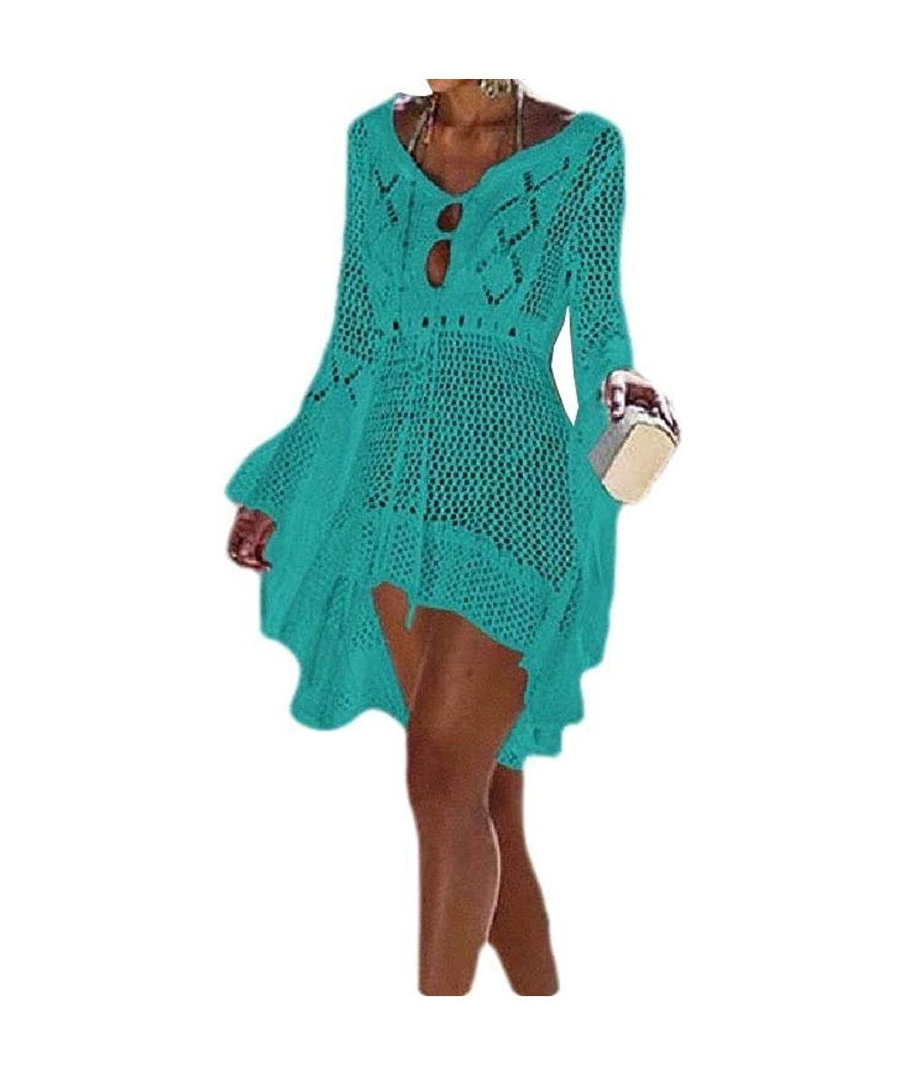 Cover-Ups Womens Knitting Hollow UPF50+ Loose Solid Flare Sleeve Beach Cover Up Dress - 2 - C1199EWZNKU $56.57