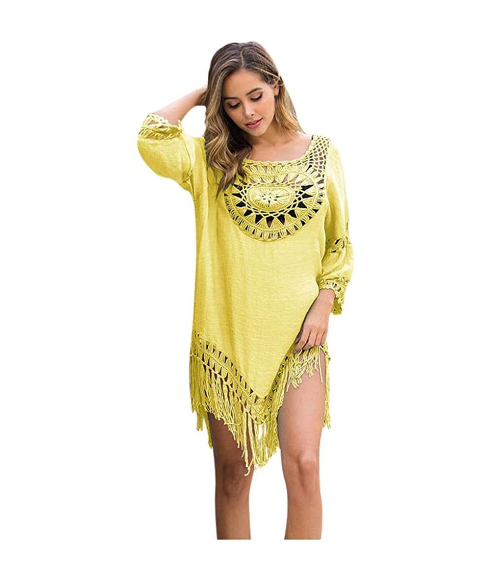 Bottoms Womens Sexy Crochet Tassel Swimsuit Cover Ups Tunic Kaftans Cover up 3/4 Sleeve Boho Fringe Beach Dress - Yellow - CN...