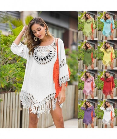 Bottoms Womens Sexy Crochet Tassel Swimsuit Cover Ups Tunic Kaftans Cover up 3/4 Sleeve Boho Fringe Beach Dress - Yellow - CN...