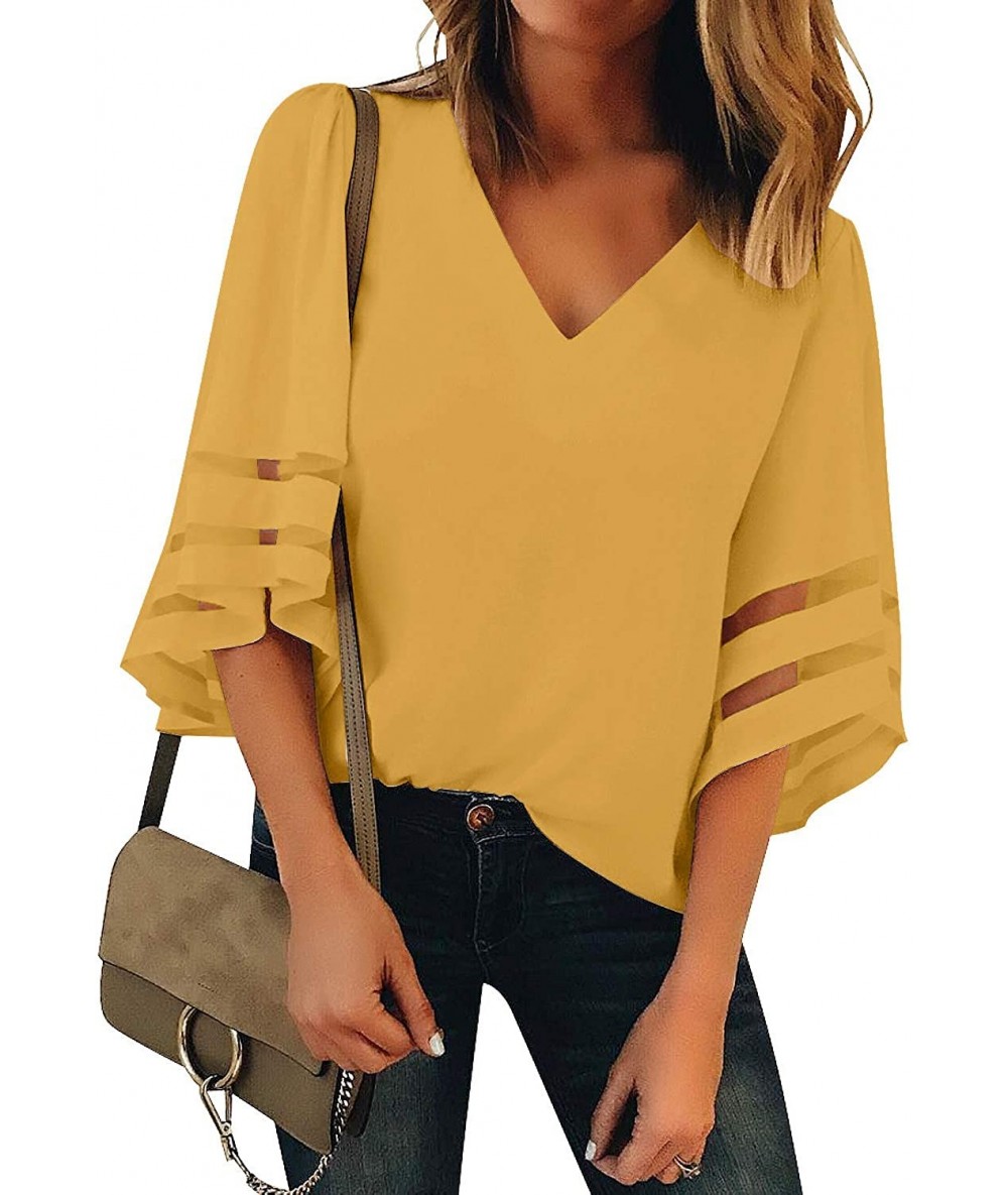 Cover-Ups Women's Casual 3/4 Bell Sleeve Blouse V Neck Mesh Panel Loose Top Shirt - A-v-neck-yellow - CN18SXDMI0D $35.53