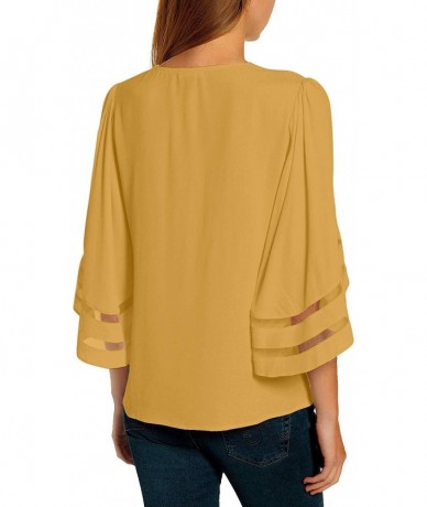 Cover-Ups Women's Casual 3/4 Bell Sleeve Blouse V Neck Mesh Panel Loose Top Shirt - A-v-neck-yellow - CN18SXDMI0D $35.53