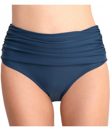 Bottoms Women's Swim Brief Shirred High Waist Full Coverage Bikini Bottom - Navy - CV18Q7LAAC2 $31.76