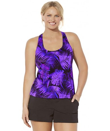 Tankinis Women's Plus Size Chlorine Resistant Racerback Tankini Set with Cargo Short - Magenta Palm - CK18LRHIE39 $75.18