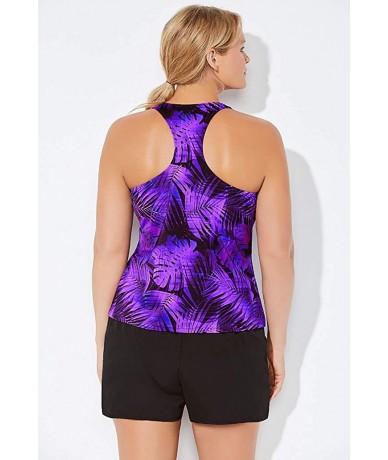 Tankinis Women's Plus Size Chlorine Resistant Racerback Tankini Set with Cargo Short - Magenta Palm - CK18LRHIE39 $75.18