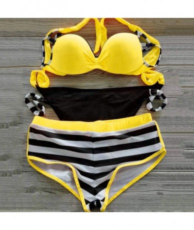 Sets Womens Striped Pattern Tie Side Halter Fashion Solid Two Piece Swimsuit Bikini Set Bathing Suit - Yellow - CC19450KGXX $...