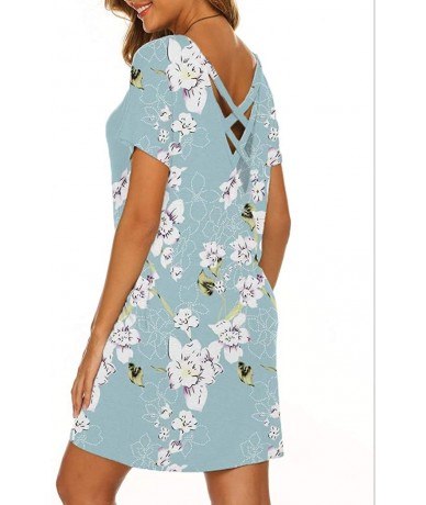 Cover-Ups Women's Casual Criss Cross Short Sleeve Beach Tunic T Shirt Dress with Pockets - Flower 4 - CZ18U2YM2NX $29.37