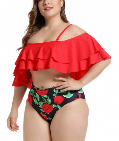 Tankinis Women's Ruffle Off Shoulder Plus Size Tankini Floral Print Swimsuit High Waisted Two Pieces Bathing Suit Monokini Re...