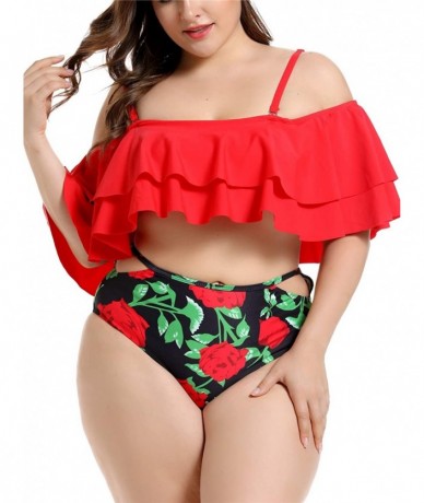 Tankinis Women's Ruffle Off Shoulder Plus Size Tankini Floral Print Swimsuit High Waisted Two Pieces Bathing Suit Monokini Re...