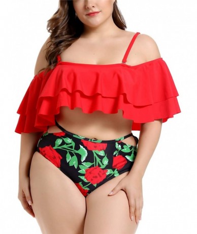 Tankinis Women's Ruffle Off Shoulder Plus Size Tankini Floral Print Swimsuit High Waisted Two Pieces Bathing Suit Monokini Re...