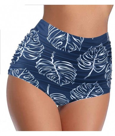 Tankinis Women's Retro High Waisted Bikini Bottom Ruched Shirred Swim Brief Short Tankinis - Navy Leaves - C718X4C6Z0X $22.28