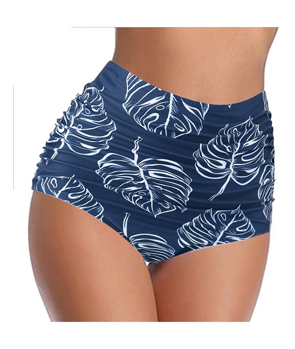 Tankinis Women's Retro High Waisted Bikini Bottom Ruched Shirred Swim Brief Short Tankinis - Navy Leaves - C718X4C6Z0X $22.28