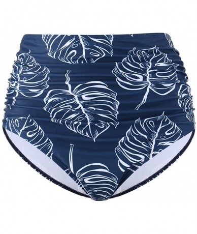 Tankinis Women's Retro High Waisted Bikini Bottom Ruched Shirred Swim Brief Short Tankinis - Navy Leaves - C718X4C6Z0X $22.28