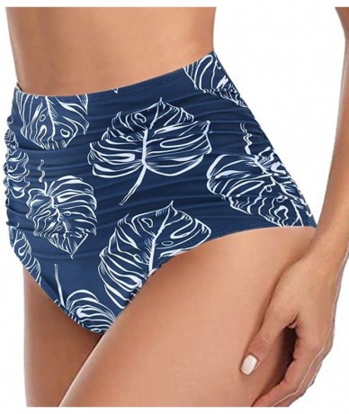 Tankinis Women's Retro High Waisted Bikini Bottom Ruched Shirred Swim Brief Short Tankinis - Navy Leaves - C718X4C6Z0X $22.28