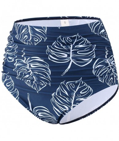 Tankinis Women's Retro High Waisted Bikini Bottom Ruched Shirred Swim Brief Short Tankinis - Navy Leaves - C718X4C6Z0X $22.28