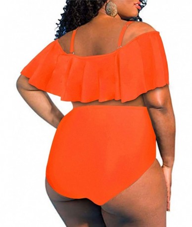 Sets Women's Plus Size Two Piece Swimsuit Flounce Off Shoulder Bikini High Waisted Bathing Suits - Orange - CT198NDMDW6 $50.66