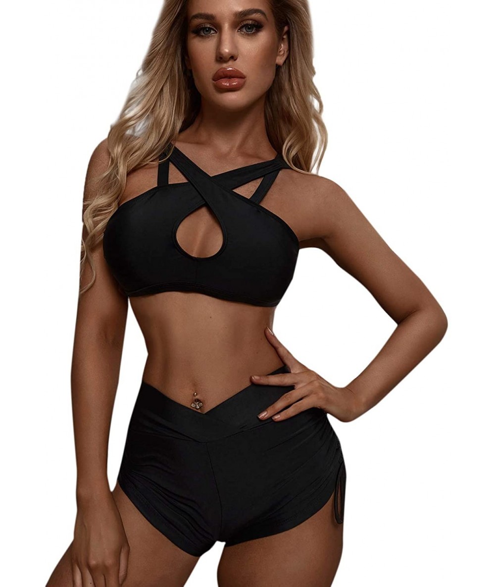 Sets Women's Criss Cross Halter Top Bikini Set Push Up Two Piece Swimsuits - Black-3 - CP194WTGIDD $34.96