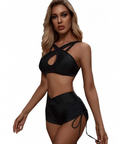 Sets Women's Criss Cross Halter Top Bikini Set Push Up Two Piece Swimsuits - Black-3 - CP194WTGIDD $34.96