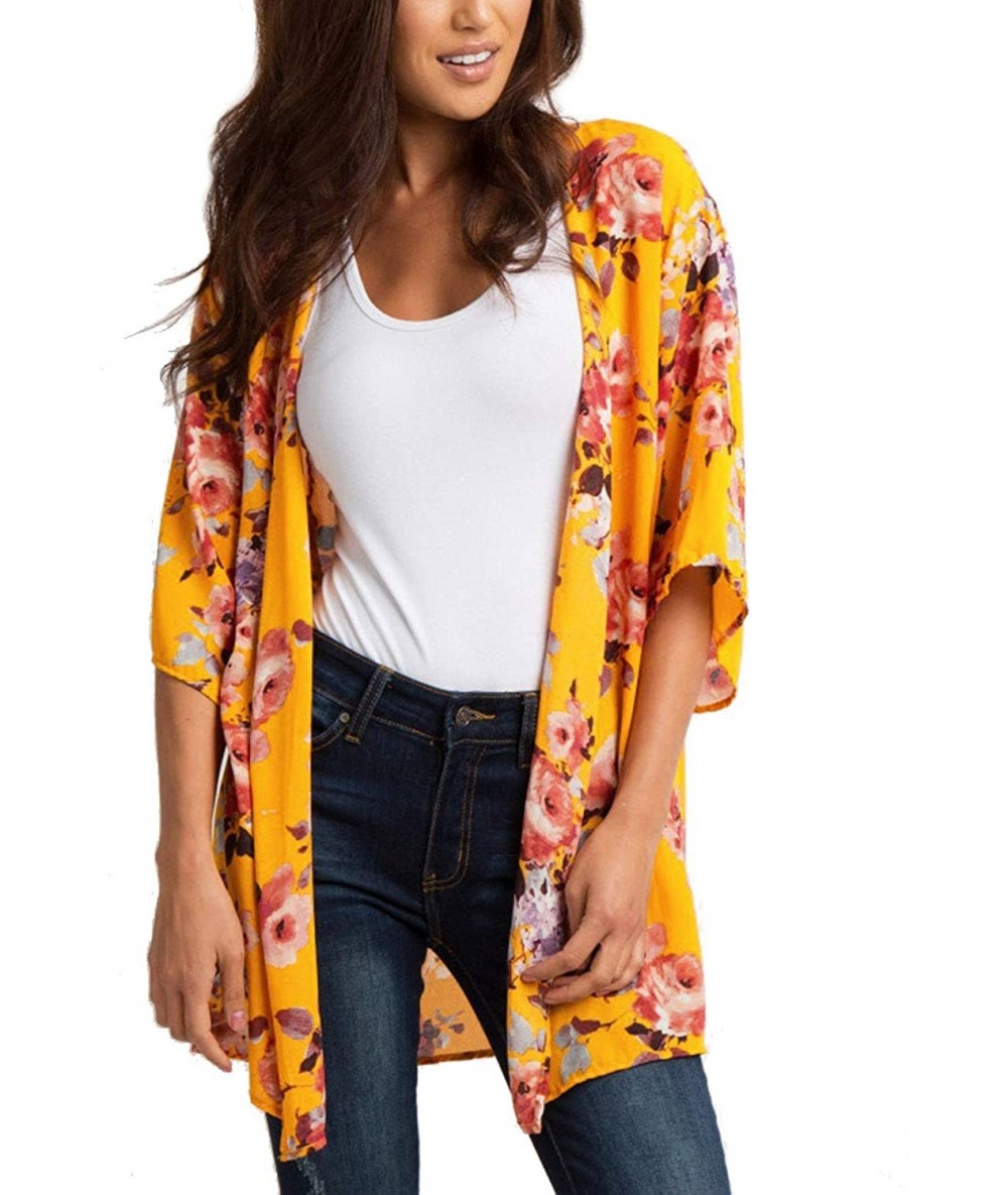 Cover-Ups Women's Flowy Summer Chiffon Kimono Cardigans Tops Boho Floral Beach Cover Ups Casual Loose Shirts - Typef - CE18T4...