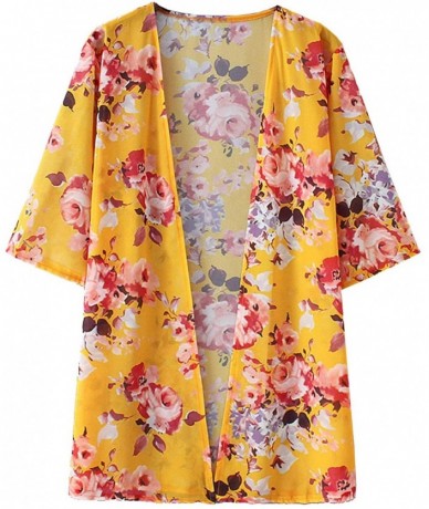 Cover-Ups Women's Flowy Summer Chiffon Kimono Cardigans Tops Boho Floral Beach Cover Ups Casual Loose Shirts - Typef - CE18T4...