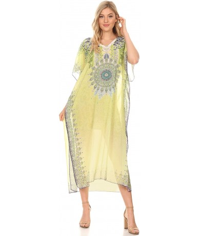 Cover-Ups Astryd Women's Flowy Maxi Long Caftan Dress Cover Up with Rhinestone - Tribal Yellow - CW18SGUDU8I $42.58