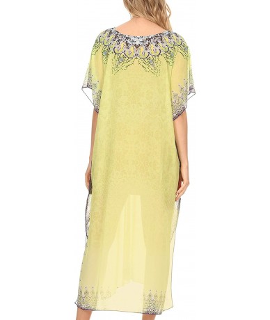 Cover-Ups Astryd Women's Flowy Maxi Long Caftan Dress Cover Up with Rhinestone - Tribal Yellow - CW18SGUDU8I $42.58