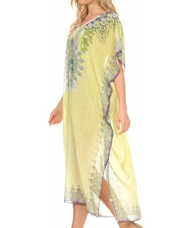 Cover-Ups Astryd Women's Flowy Maxi Long Caftan Dress Cover Up with Rhinestone - Tribal Yellow - CW18SGUDU8I $42.58