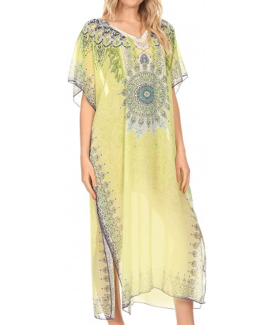 Cover-Ups Astryd Women's Flowy Maxi Long Caftan Dress Cover Up with Rhinestone - Tribal Yellow - CW18SGUDU8I $42.58