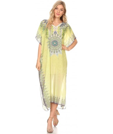 Cover-Ups Astryd Women's Flowy Maxi Long Caftan Dress Cover Up with Rhinestone - Tribal Yellow - CW18SGUDU8I $42.58