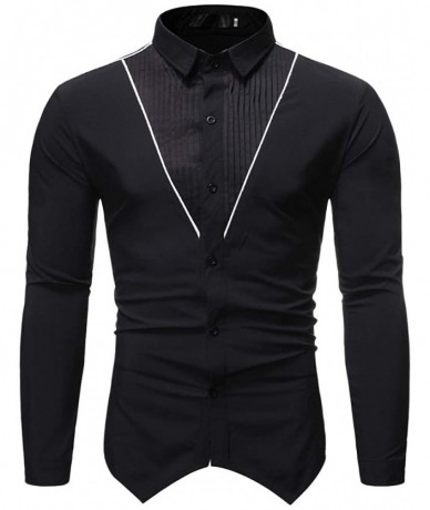 Rash Guards Blouse- Men's Autumn Winter Printed Trun-Down Collar Button Solid Long Sleeve Top - Black - CR18XU0E038 $45.53