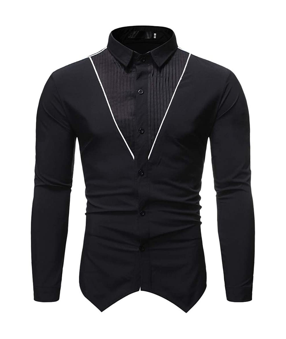 Rash Guards Blouse- Men's Autumn Winter Printed Trun-Down Collar Button Solid Long Sleeve Top - Black - CR18XU0E038 $45.53