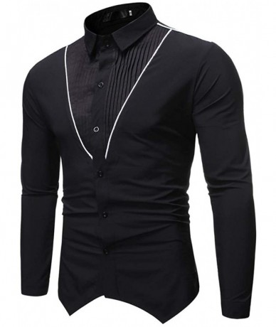 Rash Guards Blouse- Men's Autumn Winter Printed Trun-Down Collar Button Solid Long Sleeve Top - Black - CR18XU0E038 $45.53