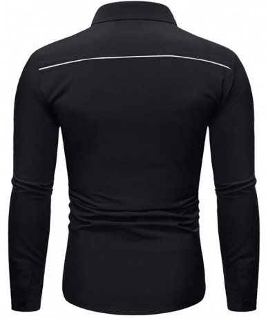 Rash Guards Blouse- Men's Autumn Winter Printed Trun-Down Collar Button Solid Long Sleeve Top - Black - CR18XU0E038 $45.53