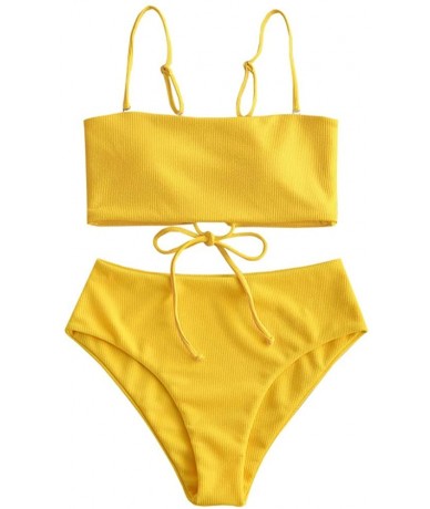 Sets Women's Strapless Leopard Print High Cut Two Piece Bandeau Bikini Set - Y-yellow - C21953QOE7R $39.27