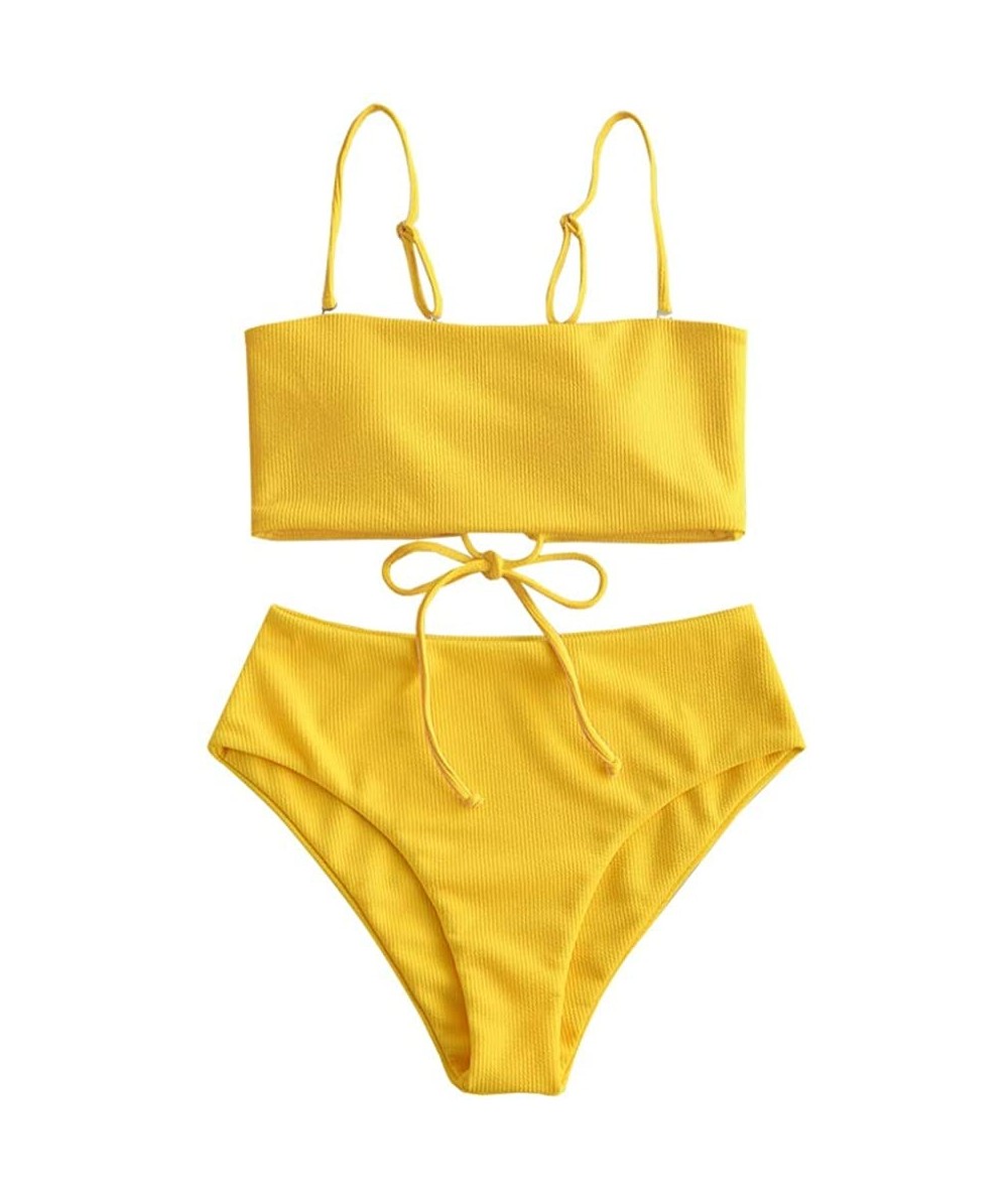 Sets Women's Strapless Leopard Print High Cut Two Piece Bandeau Bikini Set - Y-yellow - C21953QOE7R $39.27