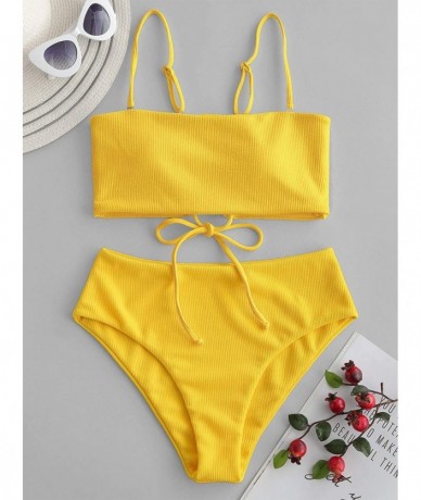 Sets Women's Strapless Leopard Print High Cut Two Piece Bandeau Bikini Set - Y-yellow - C21953QOE7R $39.27