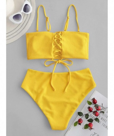 Sets Women's Strapless Leopard Print High Cut Two Piece Bandeau Bikini Set - Y-yellow - C21953QOE7R $39.27